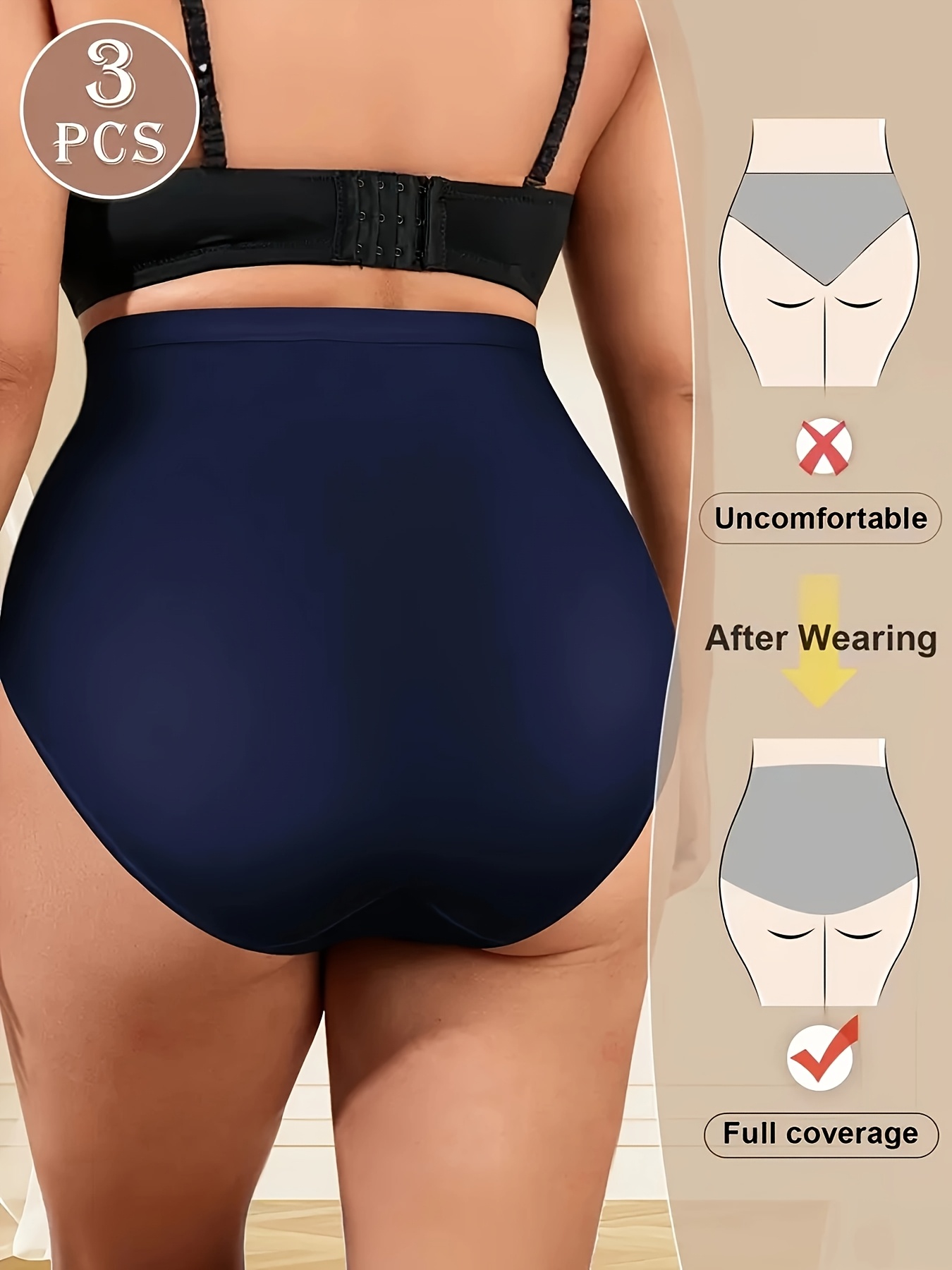 Set of 3 Large Size High-Waisted Tummy Control Seamless Women'S Panties, Triangle Cut, Comfortable Fit, Shaping And Lifting, Summer Thin Style.