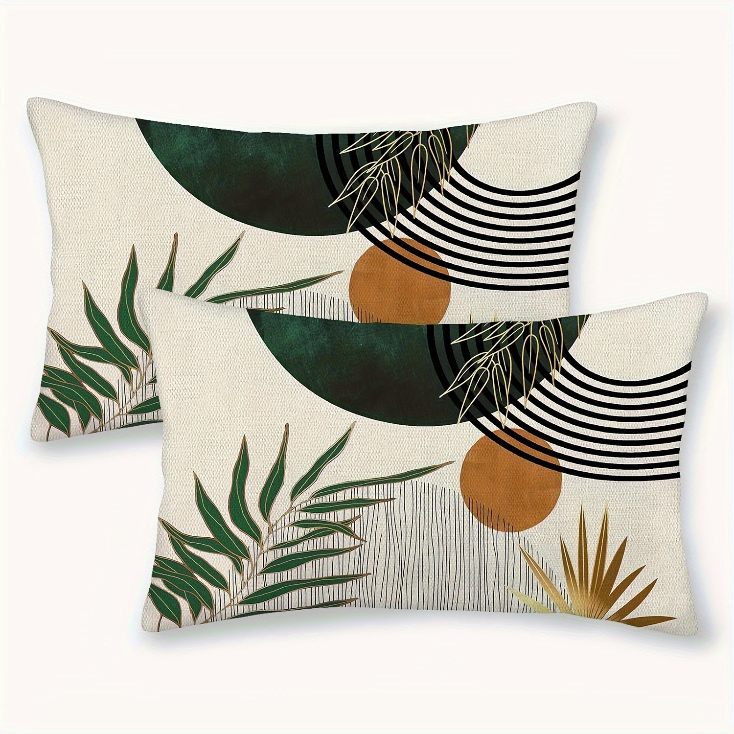 

Boho Style Linen Pillow Covers - 2 Pieces, 12x20 Inch, Green & Brown Tropical Leaves, Geometric Pattern, Zipper Closure, Machine Washable, Suitable For Home Sofa