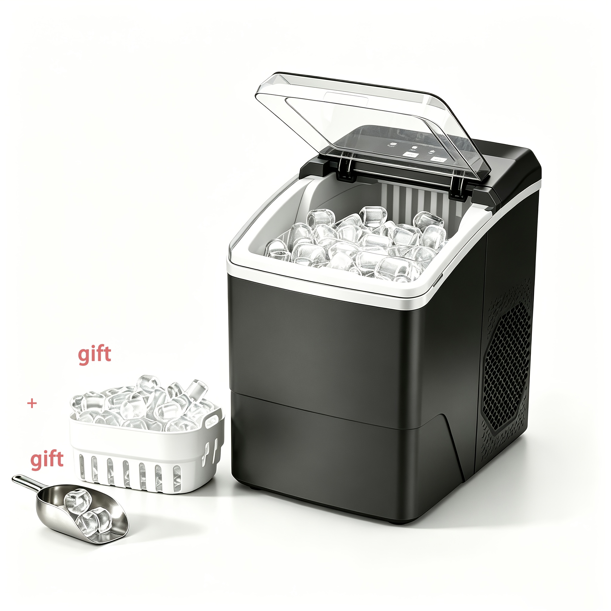 Image of Compact Maker With Carrying Handle And Transparent Lid, Featuring Self-cleaning Function And Of Making 2 Different Sizes Of Ice Cubes; Produces 9, 15 Ice Cubes . Cube Of Ice Machine