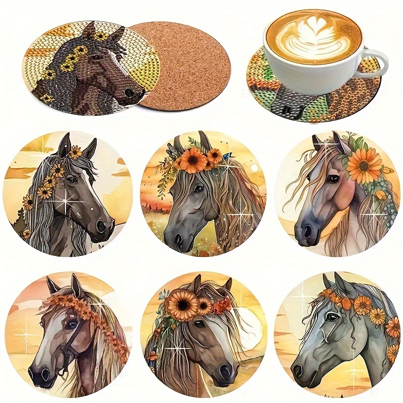 

6-piece Diy Diamond Painting Coaster Set, Horse Mosaic Wooden Drink Pad, Anti-slip Coasters For Beverages, Handmade Craft Kit For Christmas Decorations