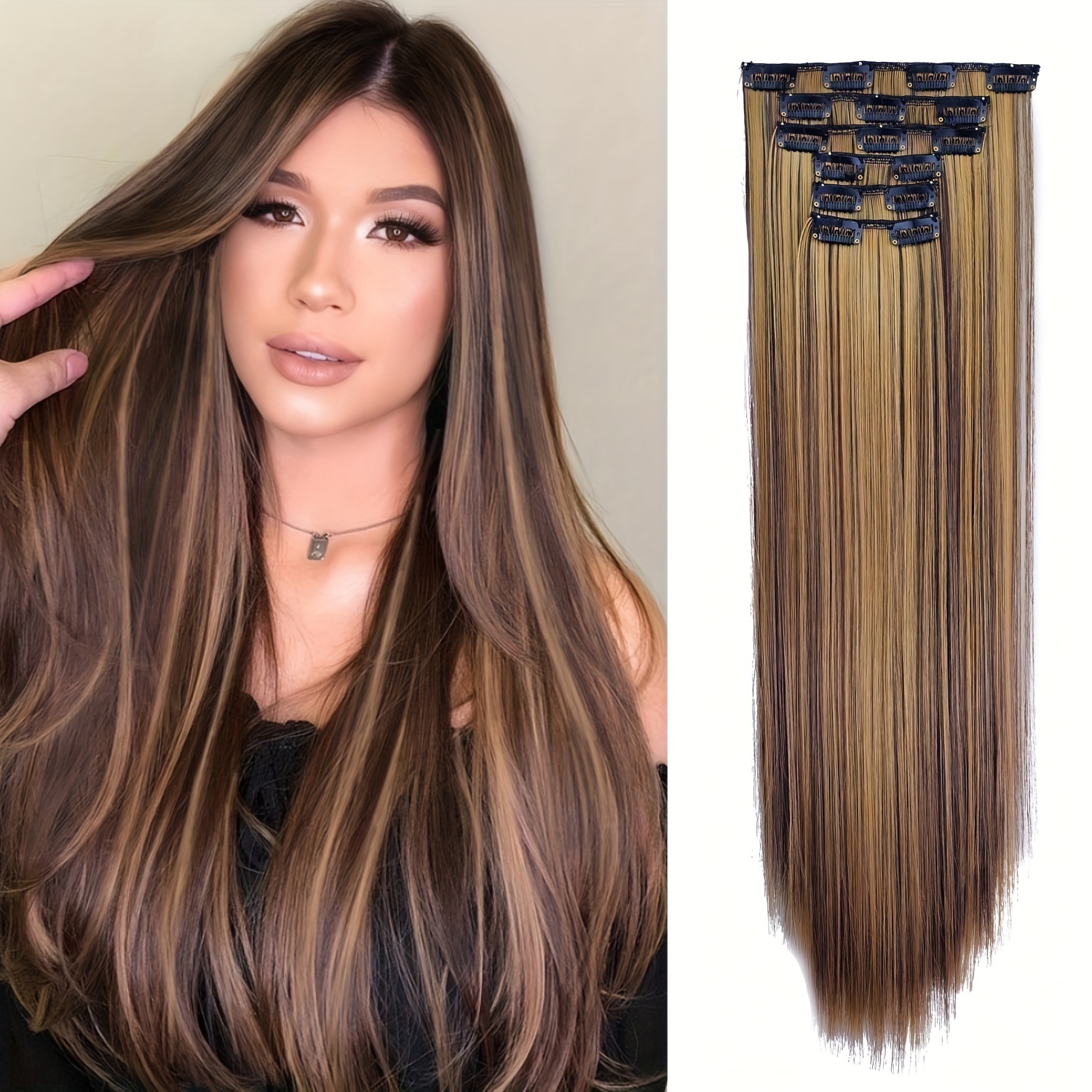 

Clip-in Hair Extensions For Women, Thick Long Weft, Lightweight Synthetic, Chocolate Brown, Soft Synthetic Fibers, Double Weft Ladies Hairpiece