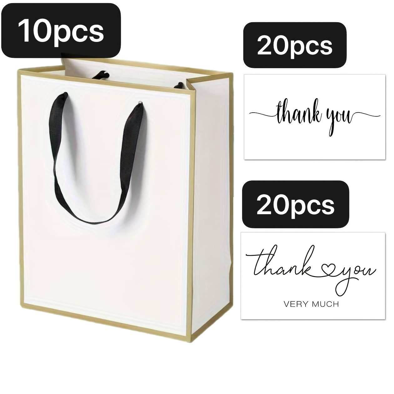 E-shop 50 Weiße Geschenktüten mit Goldrand minimalistischen "Danke"-Karten. Hergestellt aus hochwertigem, dickem Karton, geeignet für den täglichen