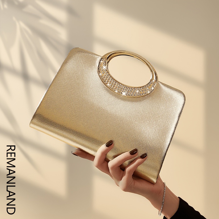 TEMU Bolso de metálico con pedrería y , lujoso clutch de noche dorado para mujer, elegante bolso de de para mujer con cadena metálica desmontable.