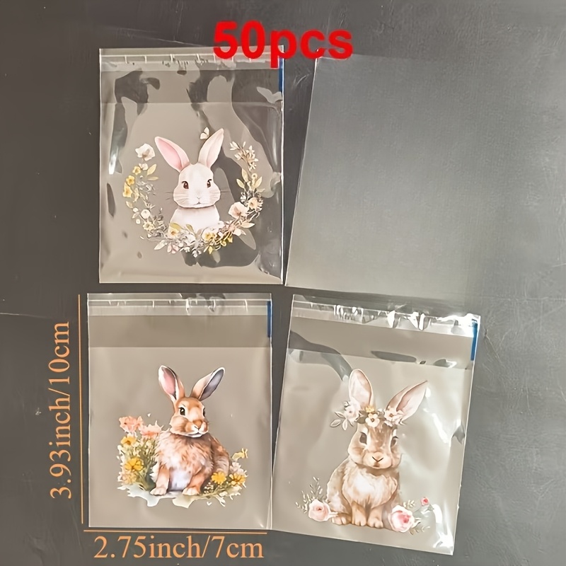 TEMU 50 Easter Bunny And Flower Pattern Gift Bags, Transparent Self-adhesive Packaging Bags With Cute Bunny And Spring Flower Patterns, Mixed With