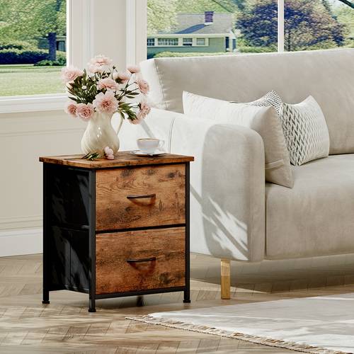 nightstand with 2 drawers bedside table small dresser with removable fabric bins for bedroom closet living room sturdy wood top pull handle storage drawer units