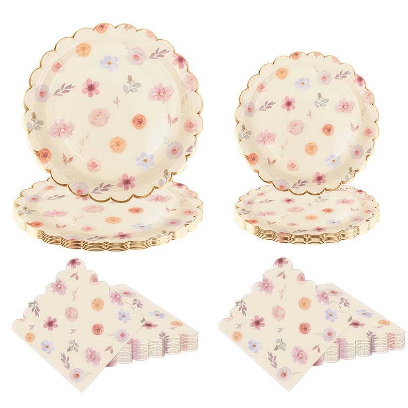 20 40 80 100pcs gilded floral   luxury party tableware set 7 inch 9 inch dual size gilded wavy edge party plates with 6 5 inch floral party napkins food grade thickened oil proof suitable for birthday parties wedding parties anniversary
