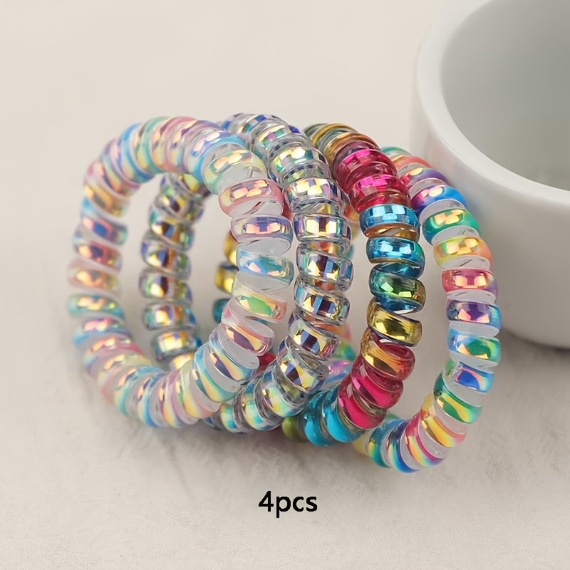 4pcs Classic Rainbow Pearlescent Telephone Wire Hair Ties, Elastic Hair Additions