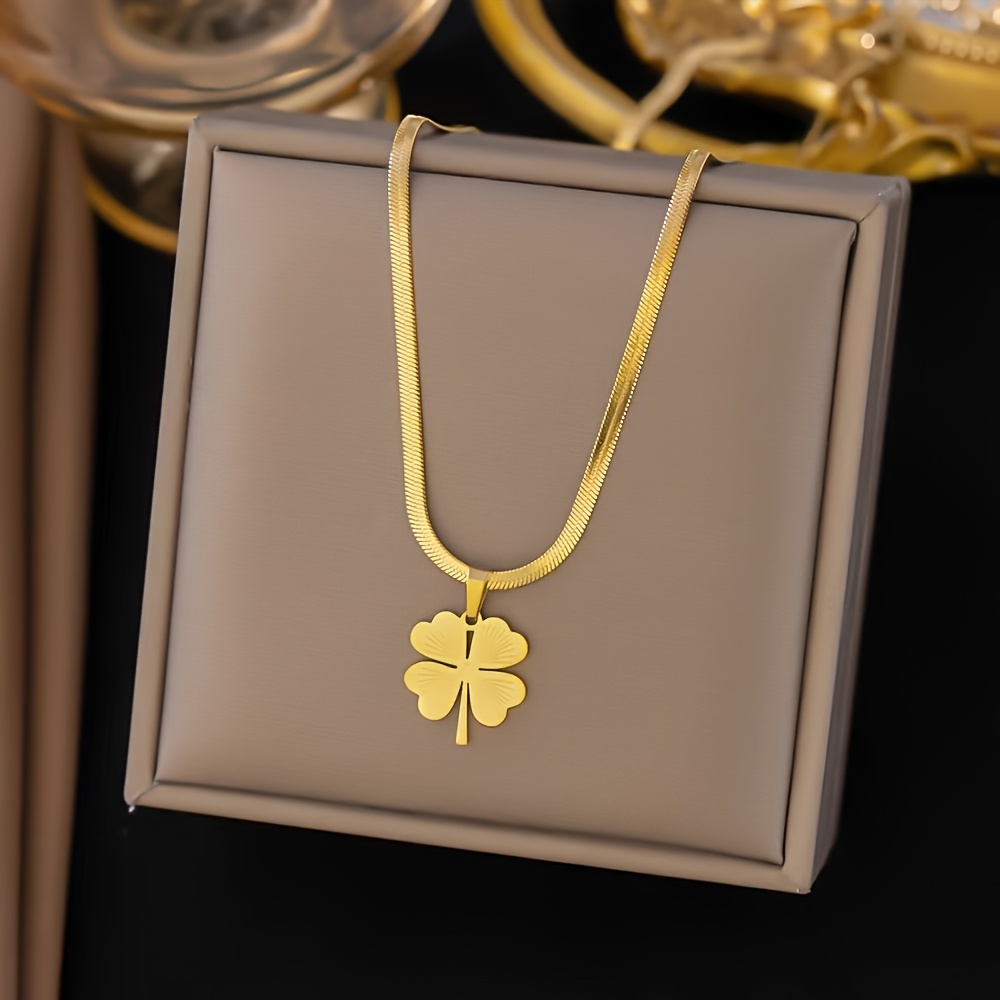 TEMU 1pc Elegant Titanium Steel Clover Pendant Necklace, , Golden Finish, Japanese & Korean Style, Versatile For & Music Festivals