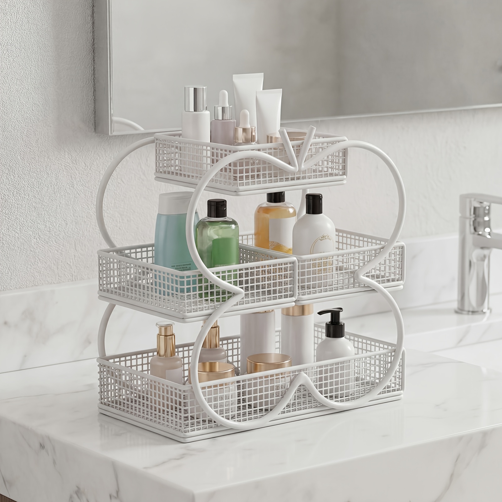 Image of Makeup Organizer, Shape Square 4-basket Vanity Storage Box With Vertical Storage To Prevent Desktop Clutter, Large Capacity Storage, Stackable Design, Desktop Shelf For Small Apartment Bedroom