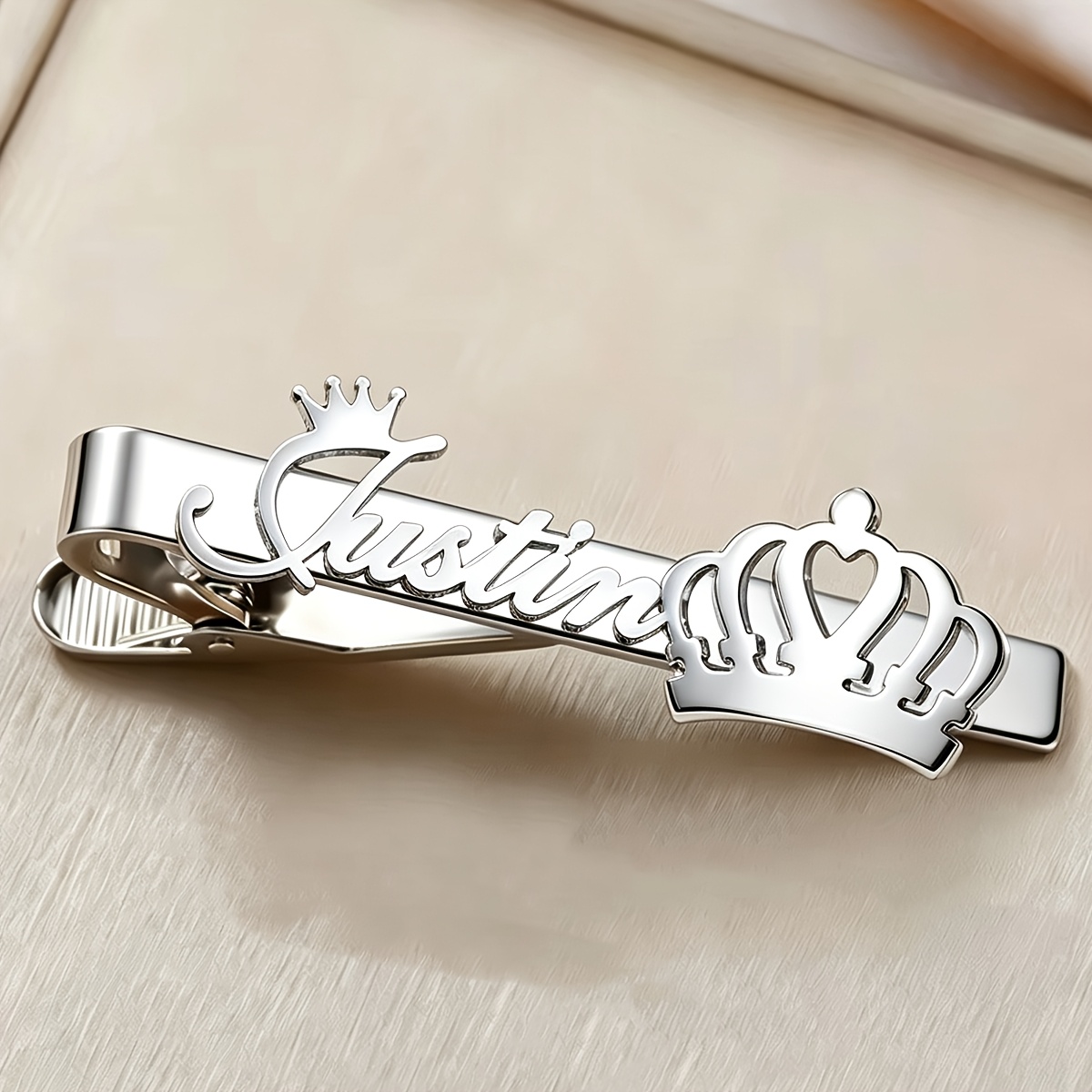 TEMU 1pc Personalized Custom Name Crown Tie Clip, Men's Elegant Stainless Steel Nameplate Tie Clip; Custom Jewelry; Men's Wedding Banquet Apparel