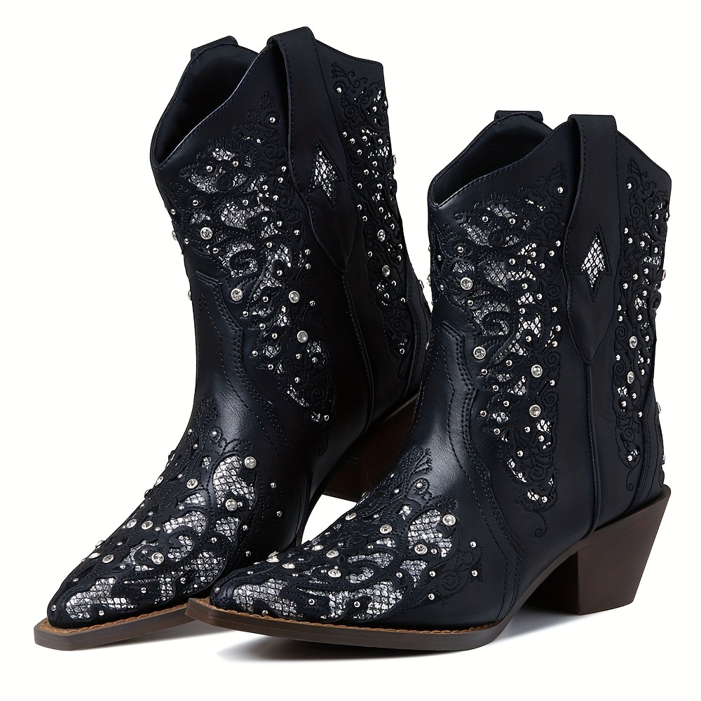 

Women's Rhinestone Decor Western Boots, Pointed Toe Chunky Block Heel Cowgirl Boots