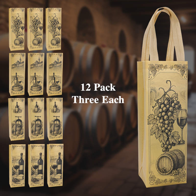 12pcs Elegant Wine Gift Bags Reusable Non-Woven Fabric with Sturdy  Handles, Khaki Wine Bottle Grape Design for Wine Lovers, Durable  Stylish Stor
