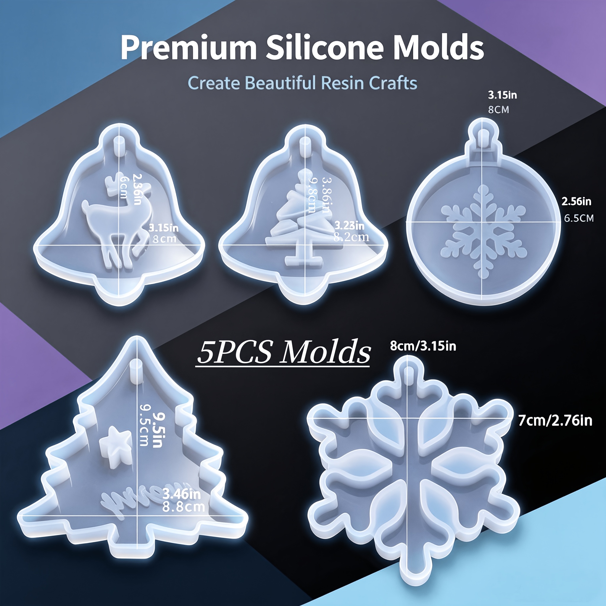 TEMU 5 moules en résine, moules en silicone faits à pour pendentifs de Noël, moules en silicone pour cloches de de neige d'arbre de Noël, pendentifs