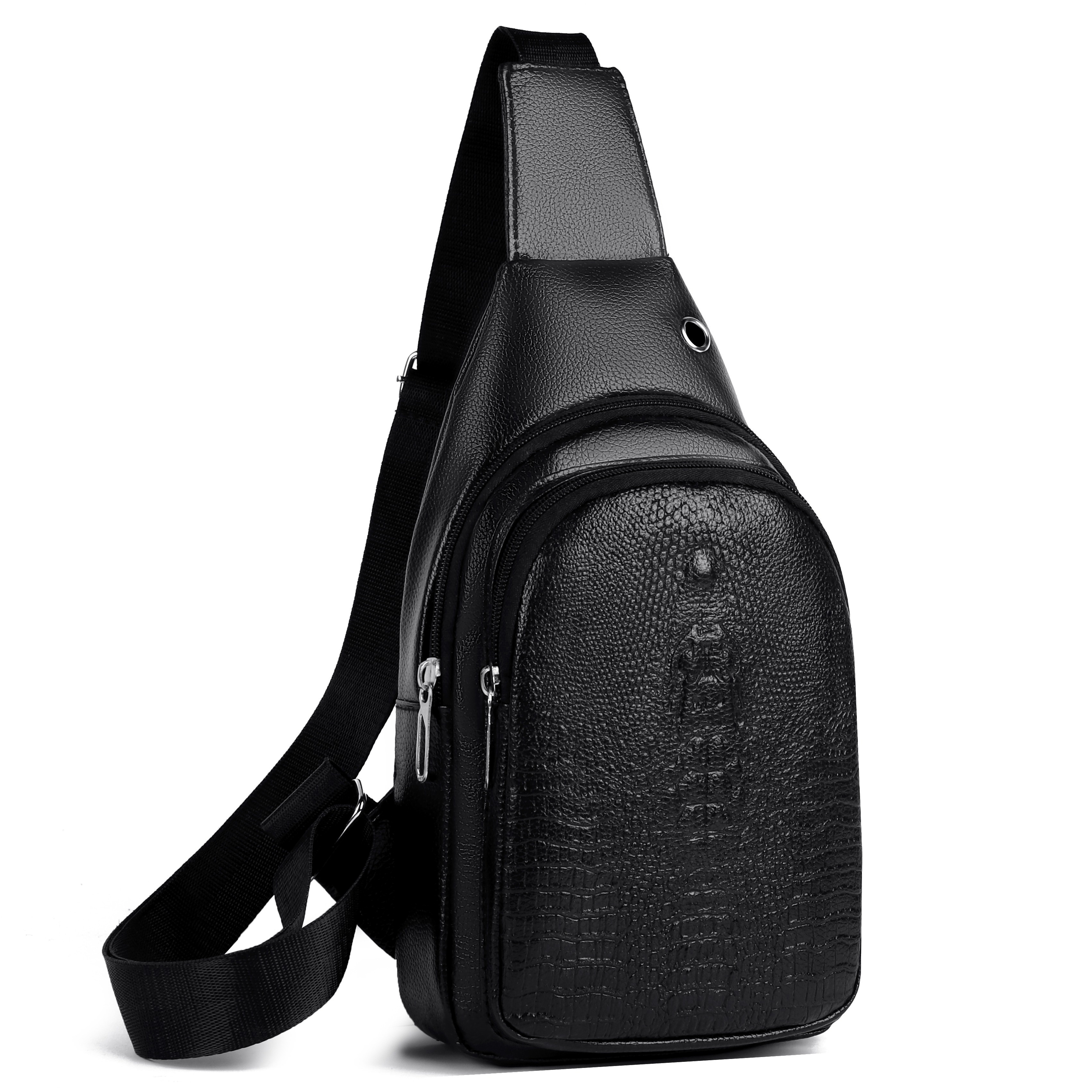 Men's Stylish Black Pu Leather Sling Bag - Large Capacity Lightweight Crossbody Chest Pack With & External Earphone Hole For Casual , Crossbody Bag