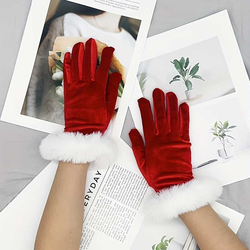 

Women's Velvet Lined Short Gloves, Christmas & Halloween , Warm Knit Gloves With Faux Fur Trim, , Hand Wash Only, Polyester Material, Ladies Fashion Accessories