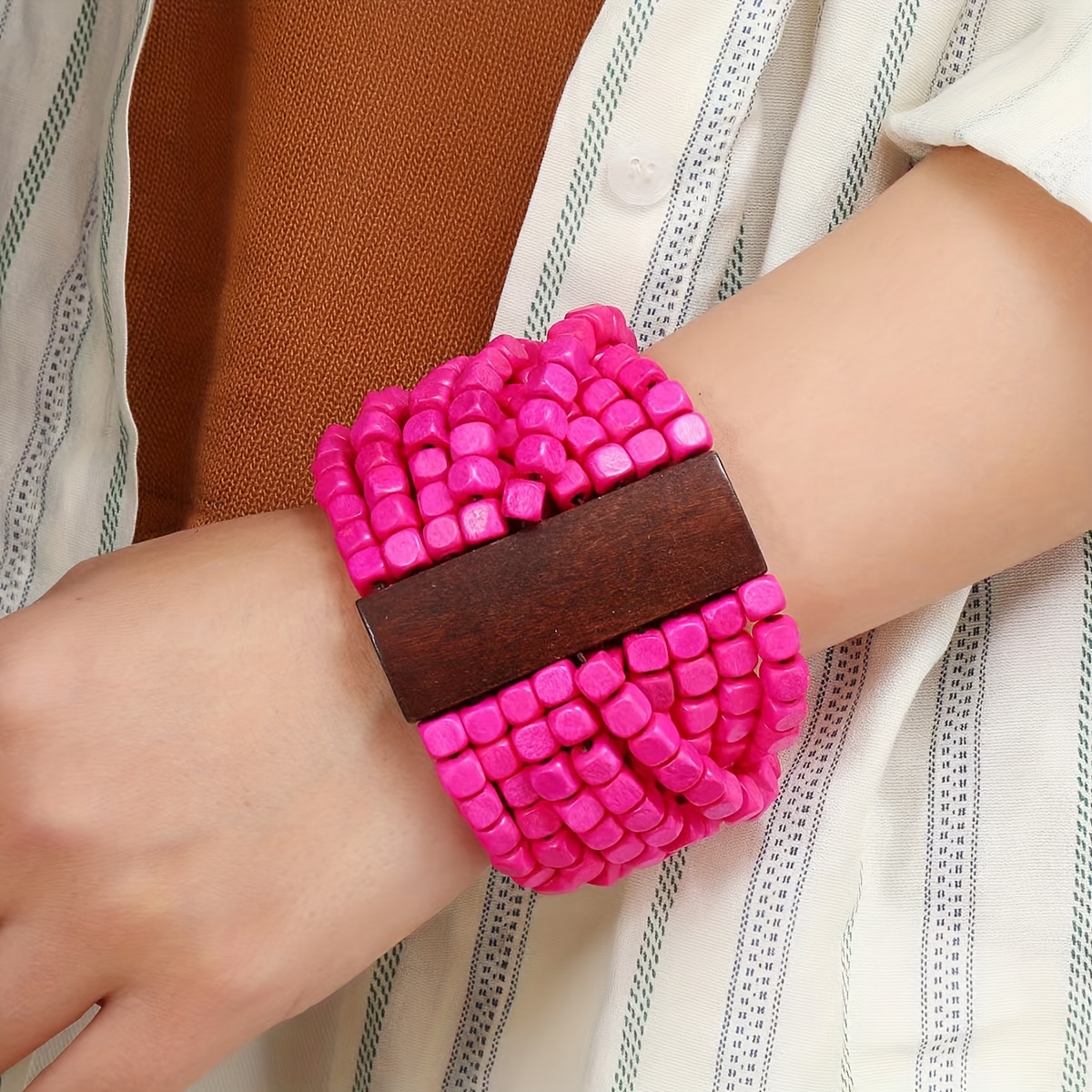 

1pc Ethnic Vintage Coconut Shell Wood Beaded Bracelet, Fashionable Versatile Accessory For Casual And Travel Outfits, Choose Your Color