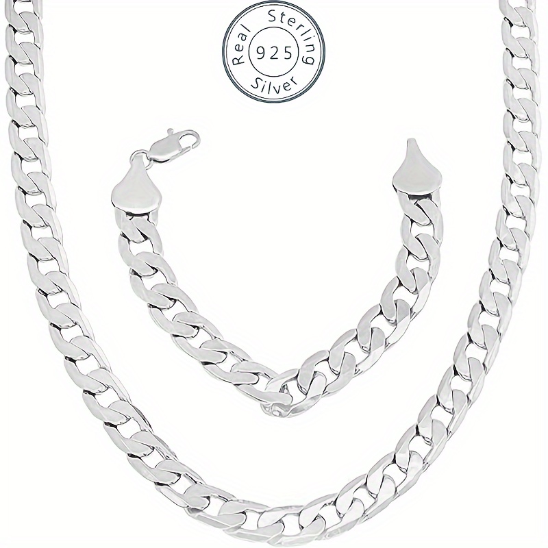 

925 Sterling Silver 8mm Cuban Necklace Bracelet Set (including 19g Silvery), Wife, Girlfriend, Her, Mother, Daughter Anniversary, Birthday, Holidays, - Includes Gift Set