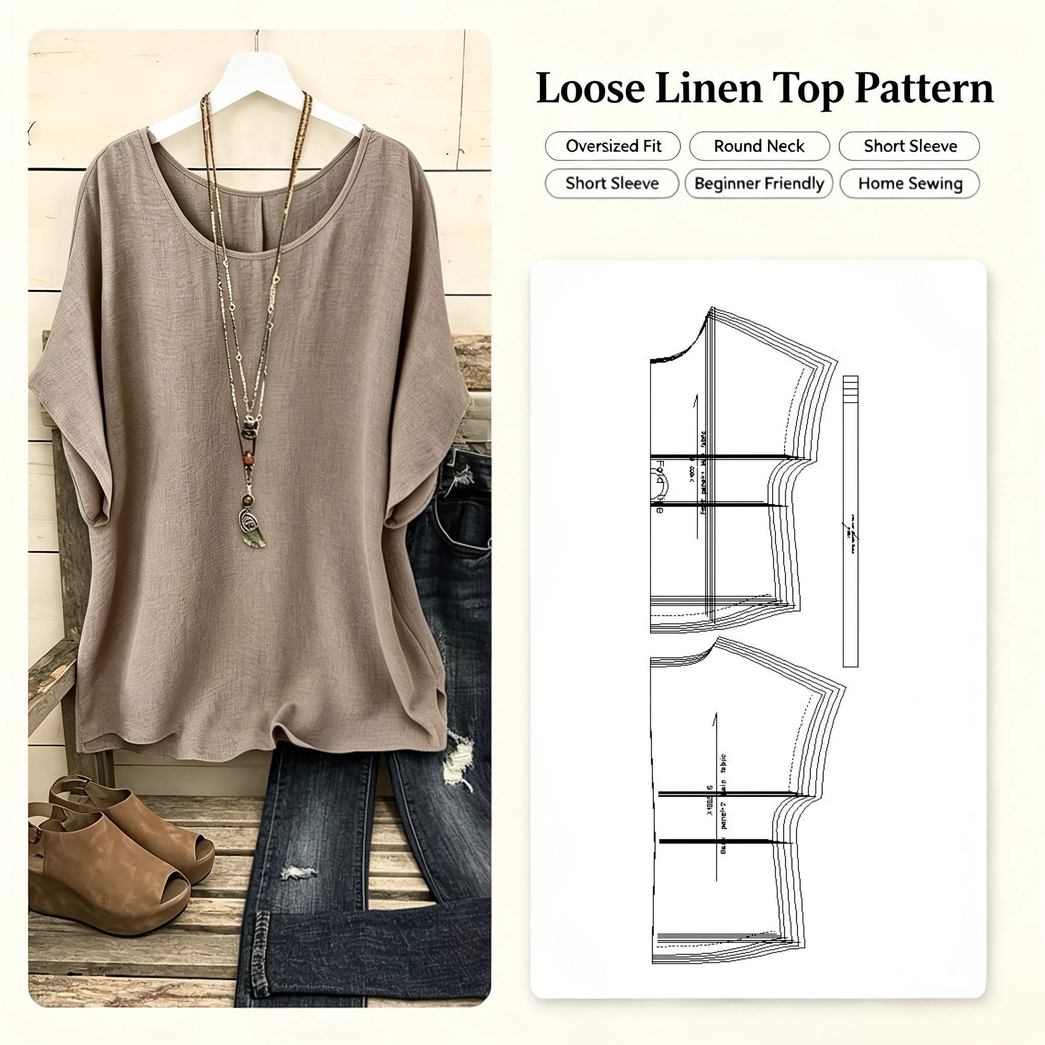 TEMU Women's Loose Pattern, Round Neck Batwing Short Sleeve, Full Size S-xxl, 1:1 For Cutting, Beginner Friendly, Craft Sewing