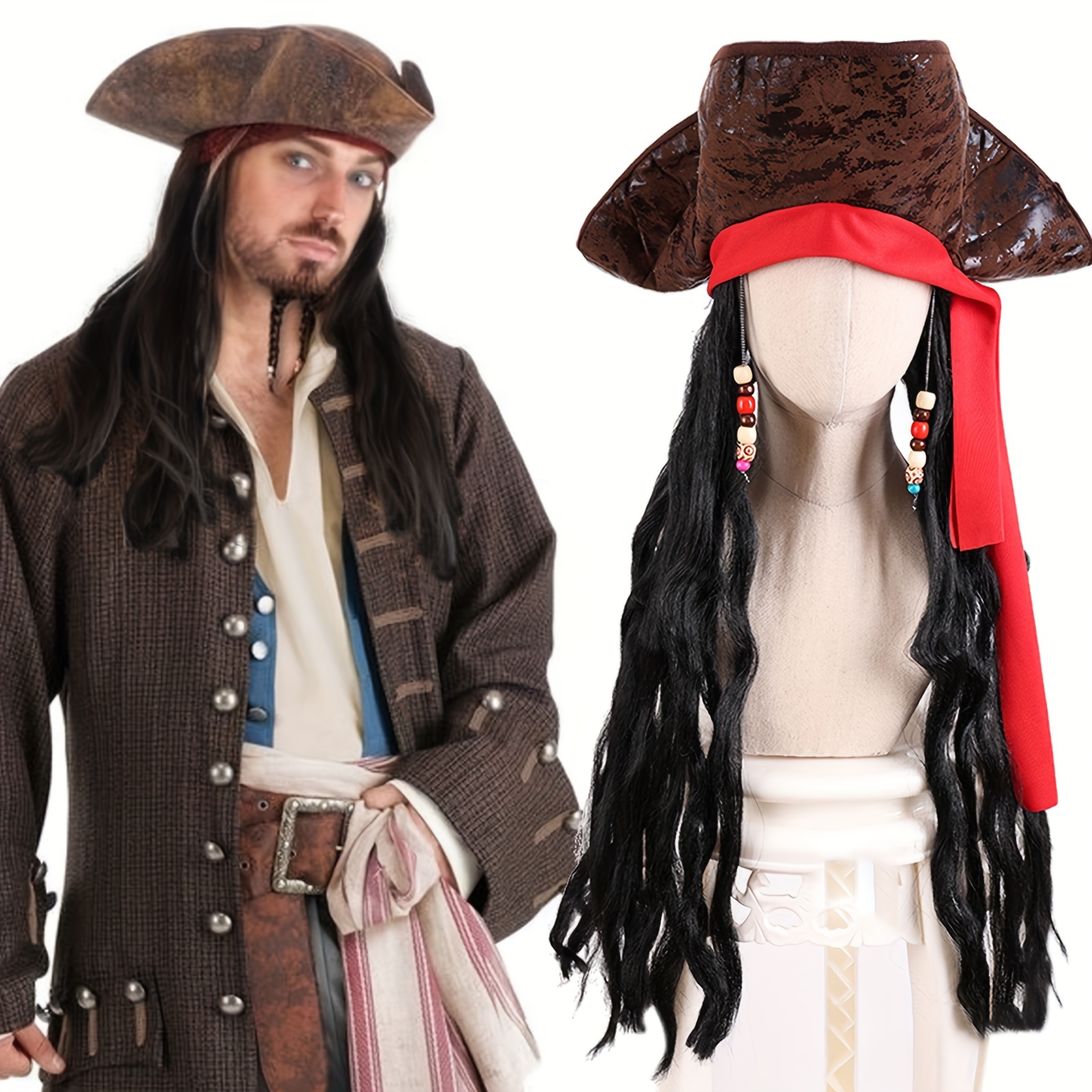 

Pirate Jack Sparrow Costume Wig With Dreadlocks, 26inch Wavy Synthetic Fiber Hair, Cool Stylish Bandana & Braid Beads, Heat Resistant, Unisex For Cosplay