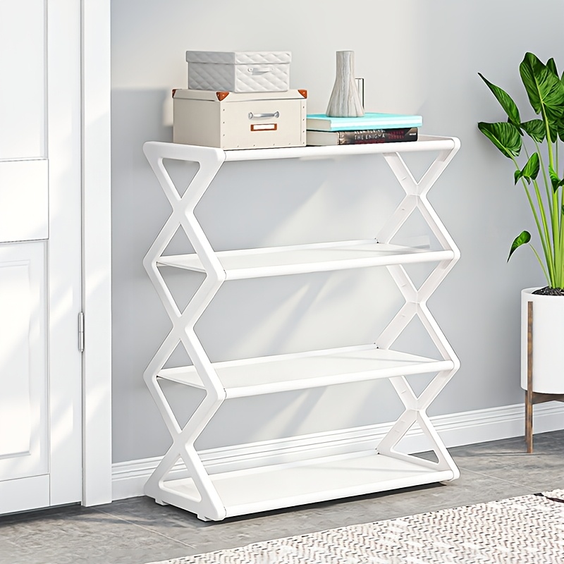 item picture Four-Tier Folding Shoe Rack - Space-Saving Storage Solution, Can Store 8 Pairs of Shoes, X-Shaped Frame Plastic Storage Rack, Retro Design, No Assembly Required, Suitable for Entryway, Closet, Kitchen (solely for cooking)