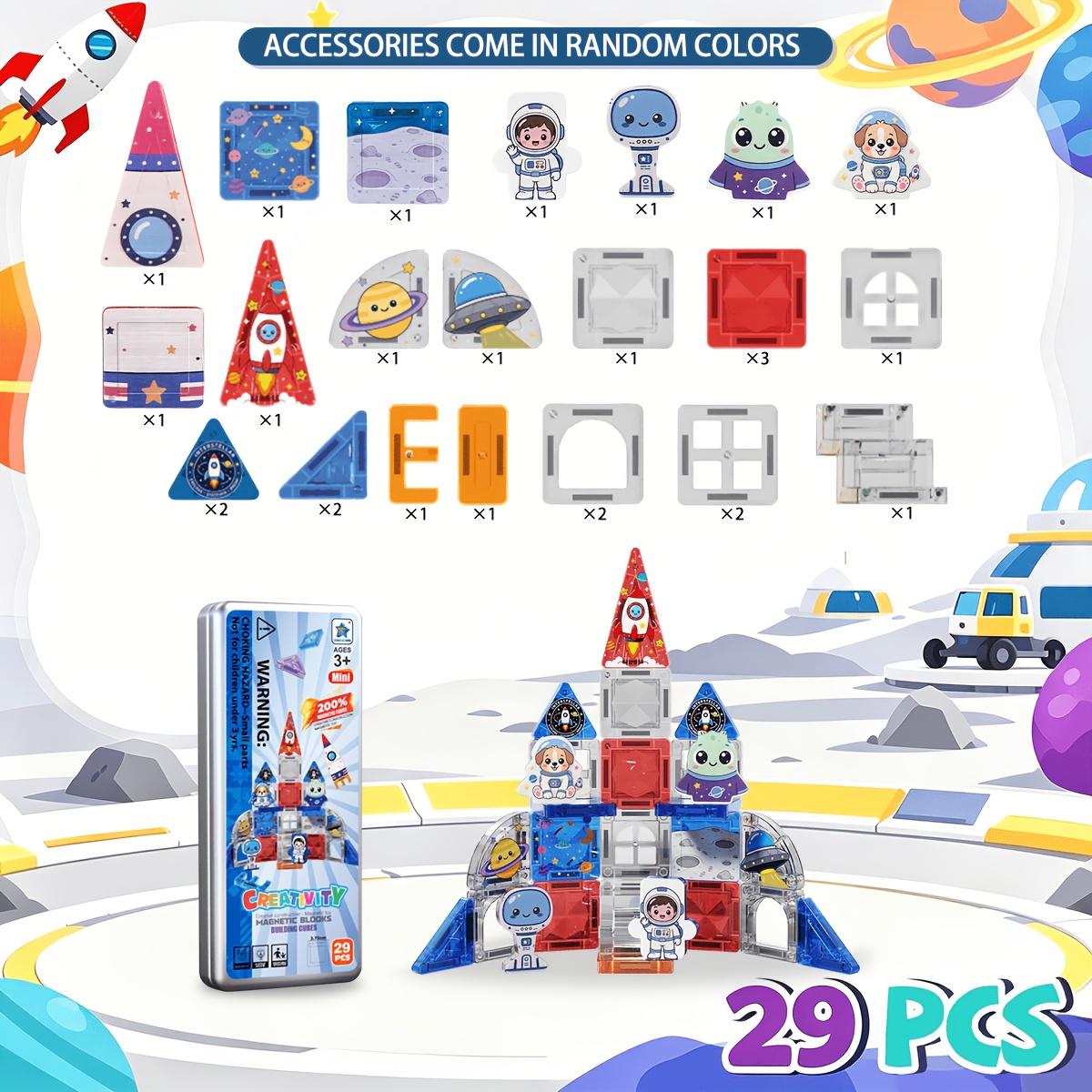 TEMU Kit de construcción espacial de 29 piezas de baldosas magnéticas, juguete de construcción STEM de y , figuras de astronauta y alienígena, la de