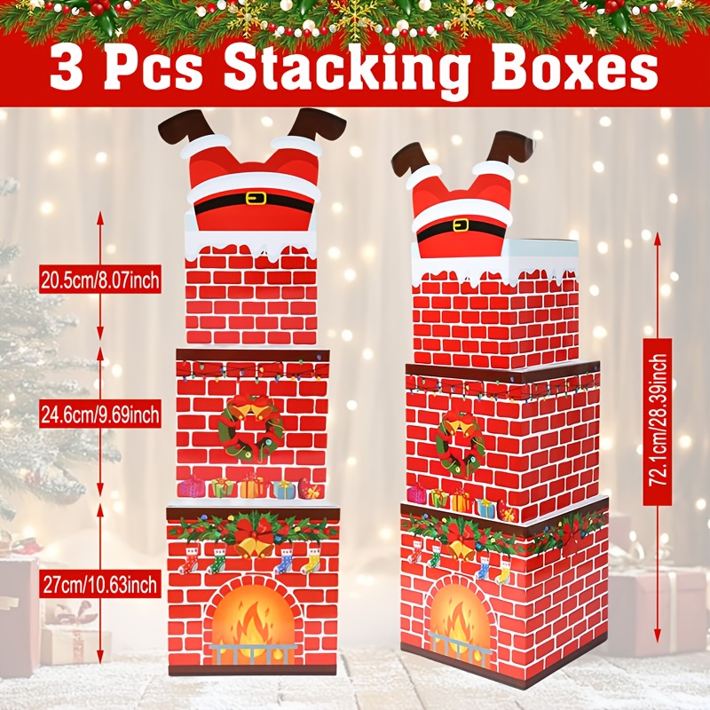 Image of Set Of 3 Christmas-themed Stacking Boxes, Featuring A Decorative Santa Claus Design, Perfect For Holiday Gifts And For Home Decorations, Including Tree Ornaments And Wrapping