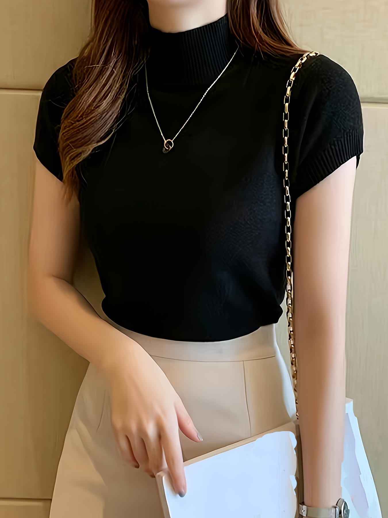 New Style Knitted Versatile Design Half-High Collar Short Sleeve Thin Pullover