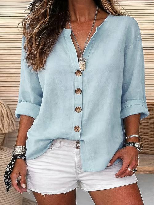solid color shirt round neck button up loose fit casual wear spring summer womens shirt