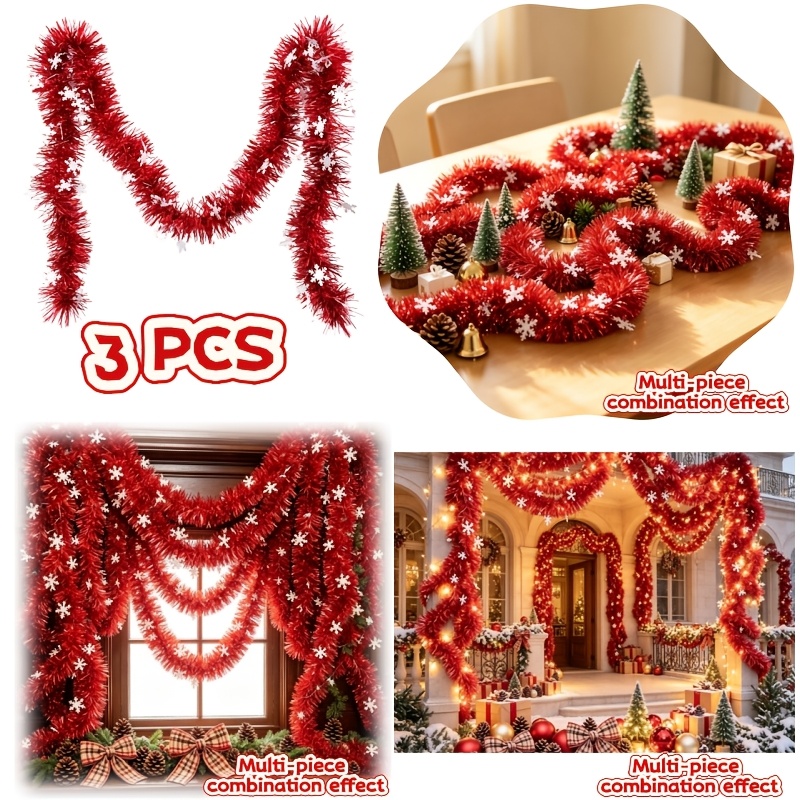 TEMU 3pcs Set Of Long Ornate Red Snowflake Fringe Trim, Flexible For Decorating Fireplace Mantels, Staircase Railings, Entryway Doors, Yard Fences,