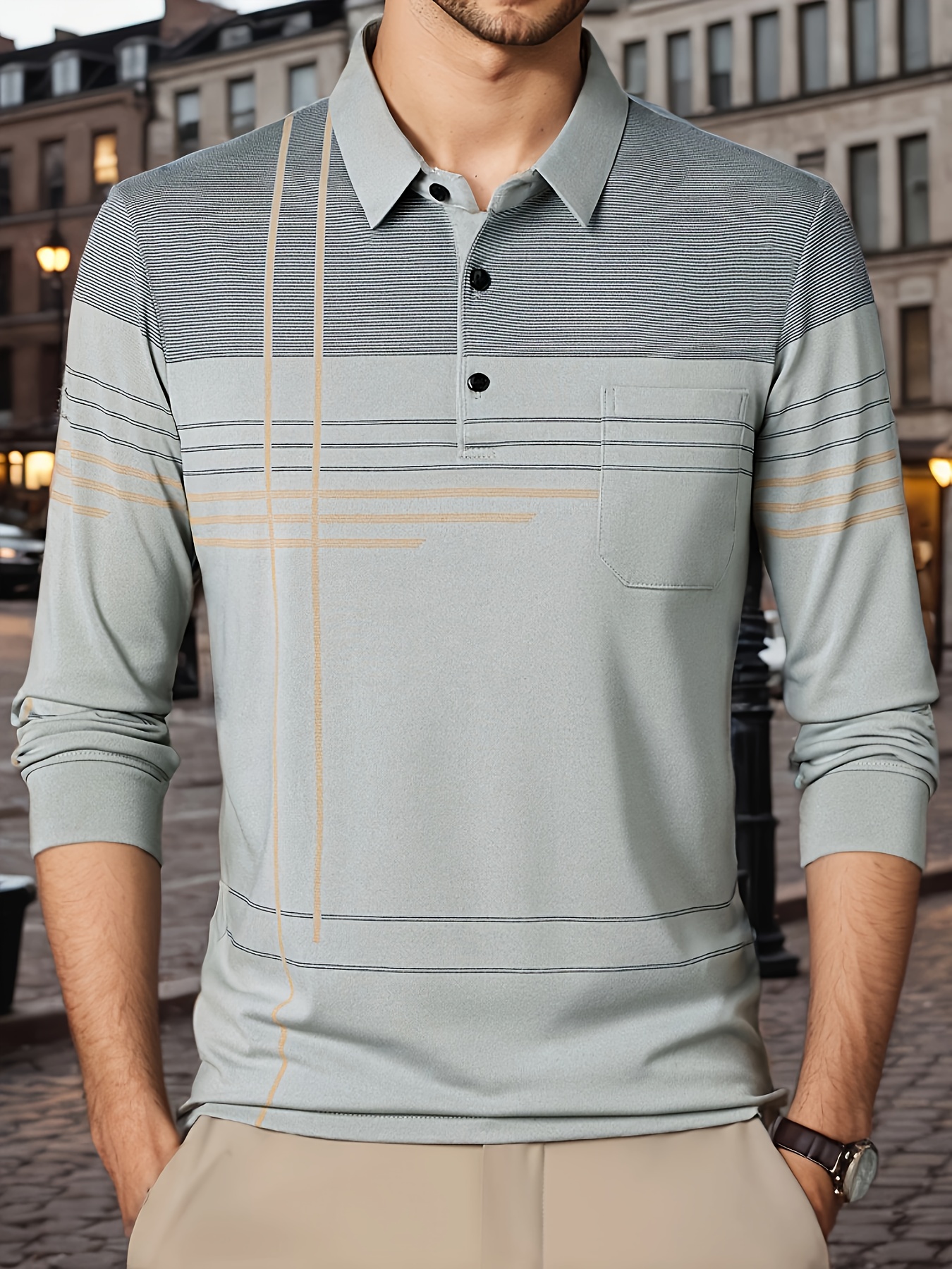 chemise à rayures vintage pour homme avec poche - respirante, manches longues, détail bouton pour le golf & activités air Détails du produit 37