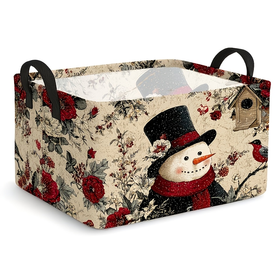 TEMU 1pc, Extra-large Foldable Storage Basket With Snowman And Red Bird Patterns, Foldable Storage Basket, Extra-large Open Storage Bin, Home Fabric