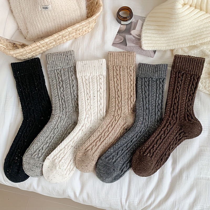 

6pcs Women's Cozy Knit Plush Crew Socks, Solid Color Polyester And Spandex , Winter Fleece-lined Long Tube Socks, Twisted Cable Knit Mid-calf Socks