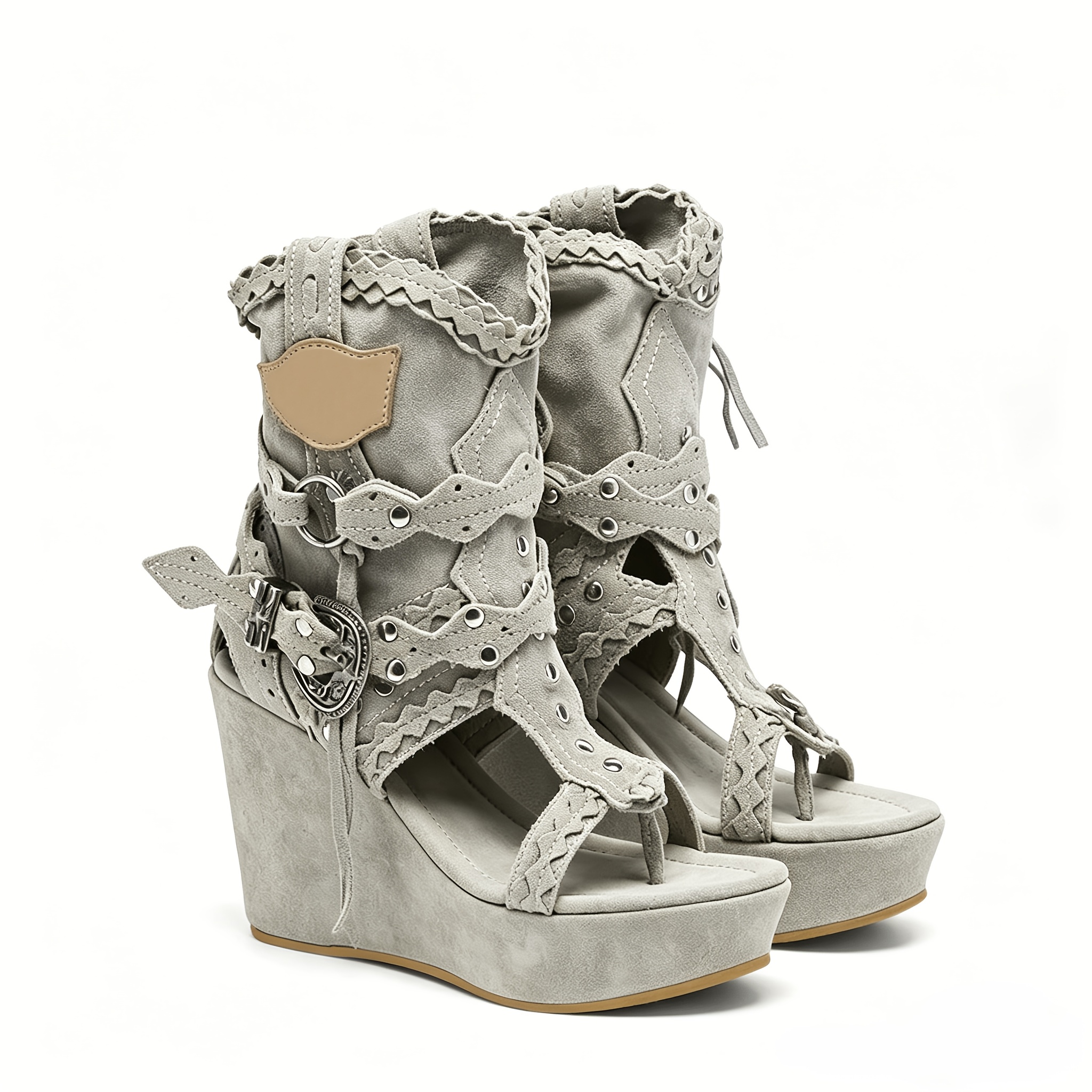 Women'S Boho Grey Studded Fringe Wedge Heel Boots, Open Toe Platform Knee High Western Cowgirl Sandals, Vintage Festival Party Shoes, Women Shoes - Image 7