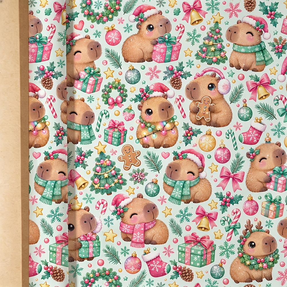 TEMU [2D Plat] 1 Rouleau de , Idéal pour de Cadeaux de Fêtes et la Décoration de Fêtes, avec des Imprimés Adorables de Capybaras Festifs sur le Thème