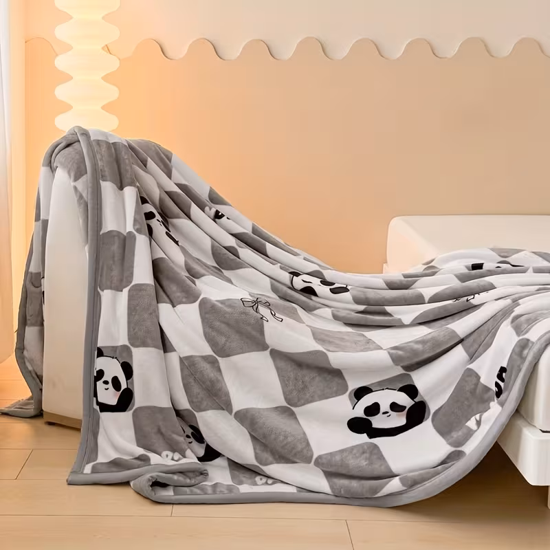 plush flannel throw blanket coral fleece gray checkered design with adorable panda patterns warm comfortable for couch bed or sofa machine washable use Product details 3