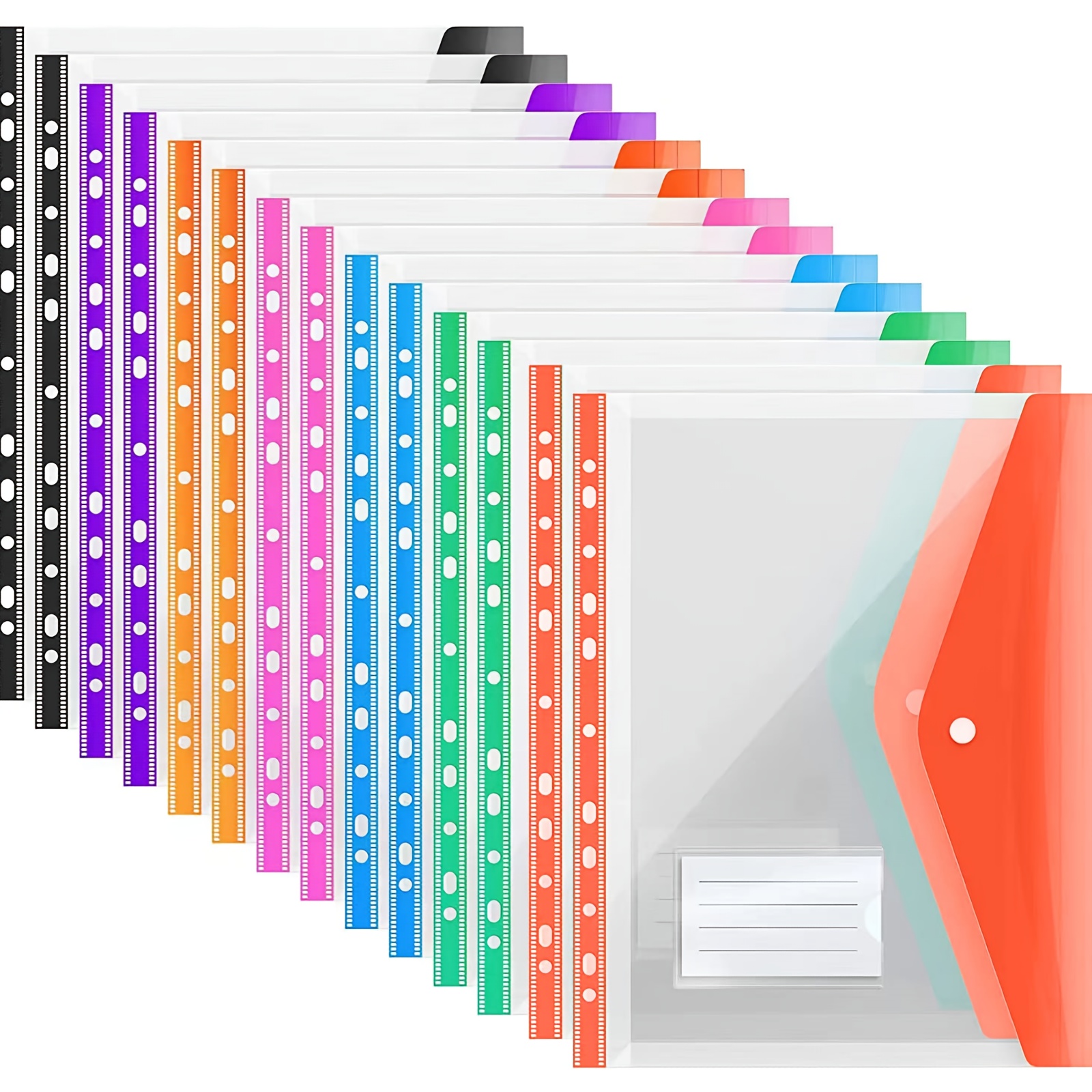 E-shop Ansook Pack A4 Perforierte, erweiterbare Dokumentenmappen für A4-Ordner, transparent mit Druckknopfverschluss und Etikett, 7 Farben