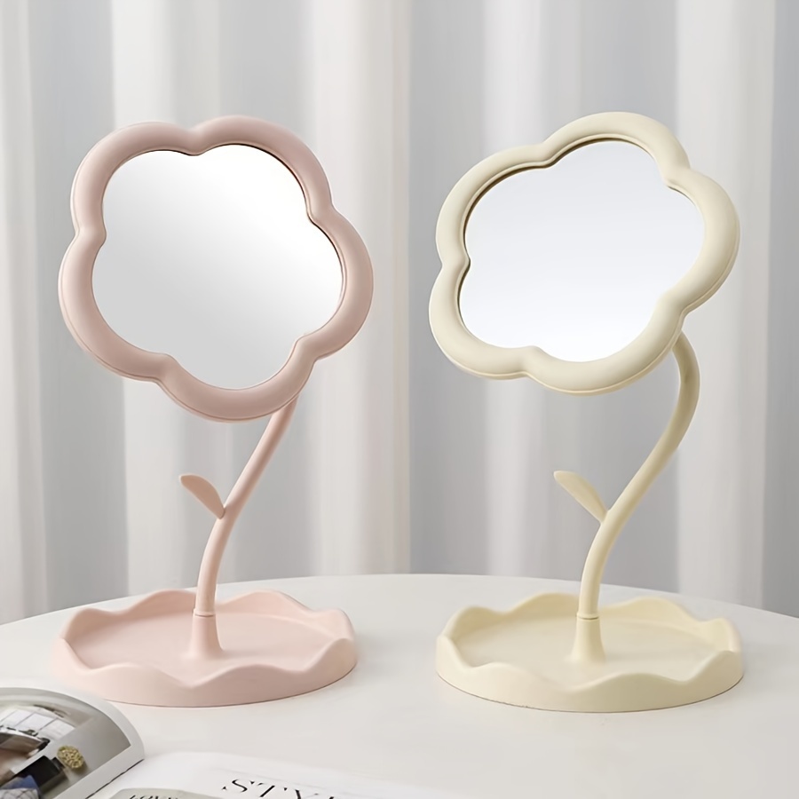 

1pc Flower-shaped Makeup Mirrors, 6.5 X 11.6 Inch Plastic Vanity Desk Mirrors With Jewelry Hanging Space, Princess Style Cosmetic Mirrors In Pink And Cream