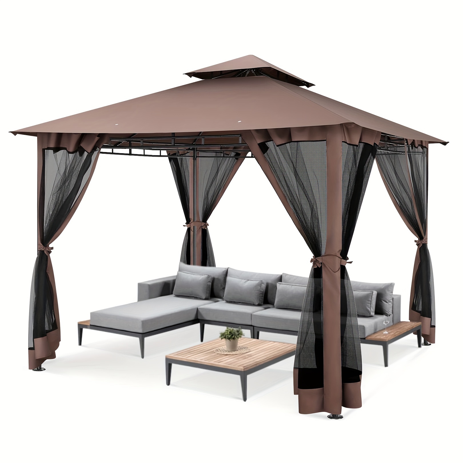 

Hoteel 10x10ft Waterproof Patio Gazebo With Genuine Leather, Sturdy , Breathable Mosquito Netting, Zipper Closure For Outdoor Use