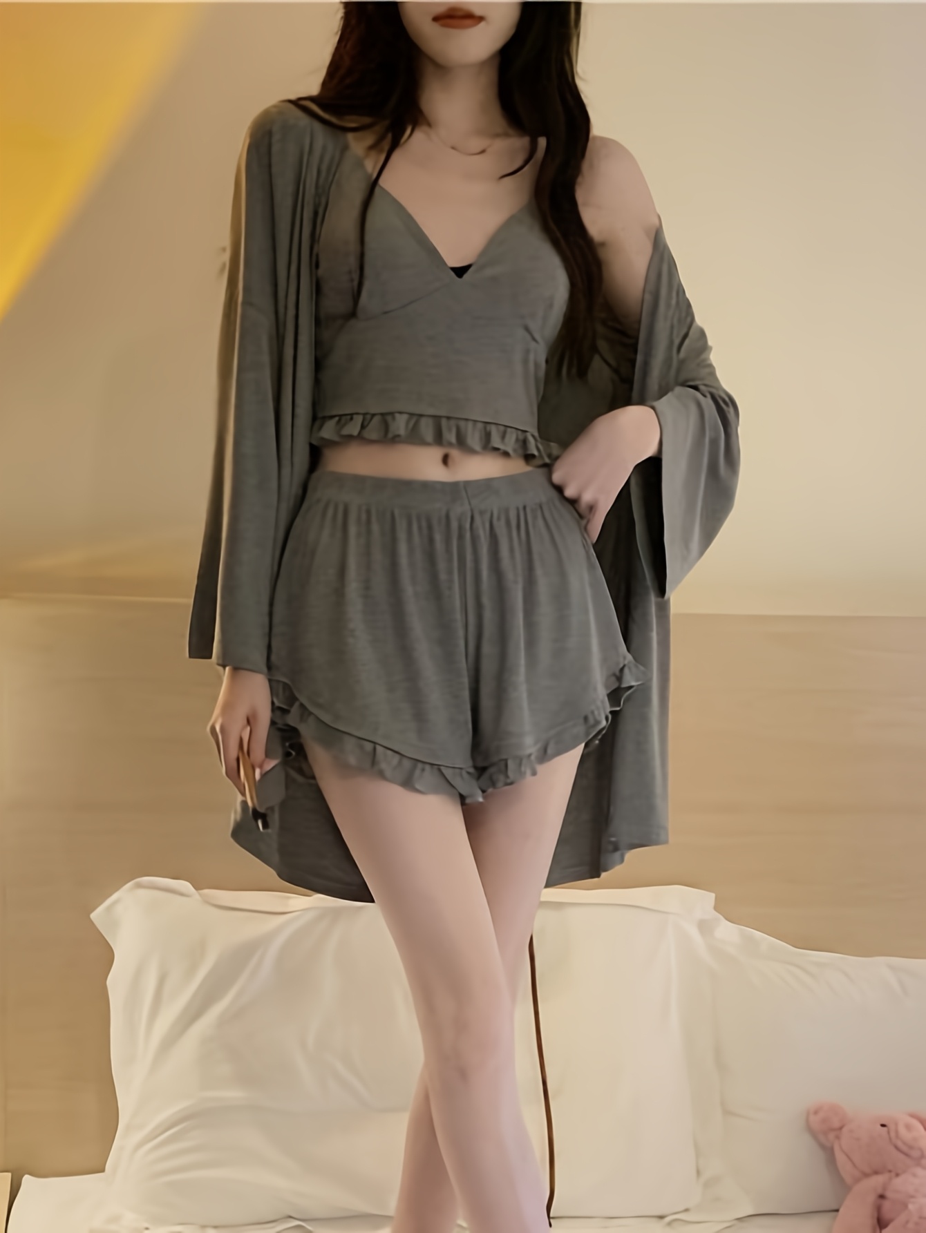 womens summer short sleeve pajamas set with a camisole and chest pads three piece sleepwear ensemble Product details 3
