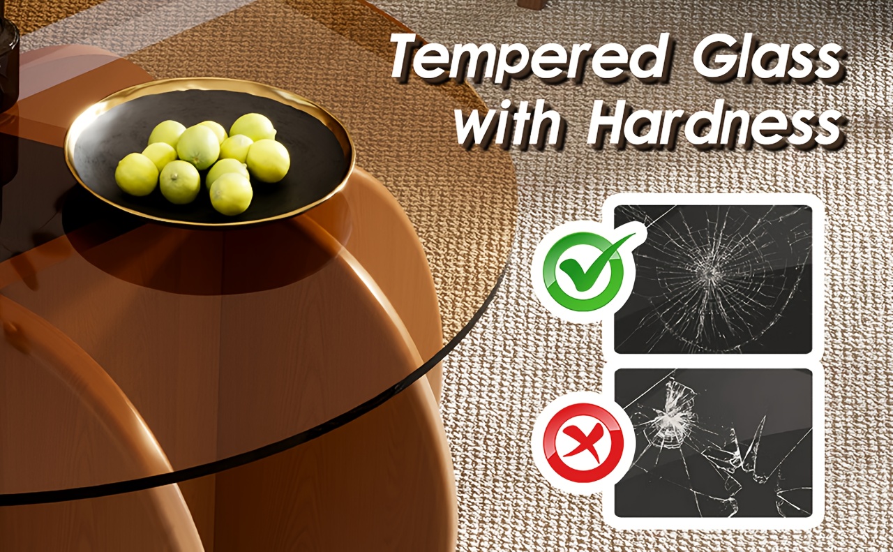 31.5'' Round Glass Coffee Table, Center Table with Tempered Glass-Top for Small Space, Modern Round Coffee Table for Living Room, Home, Office, Easy Assembly. (Brown + Brown), Living Room Coffee Table, Coffee Tables with Storage