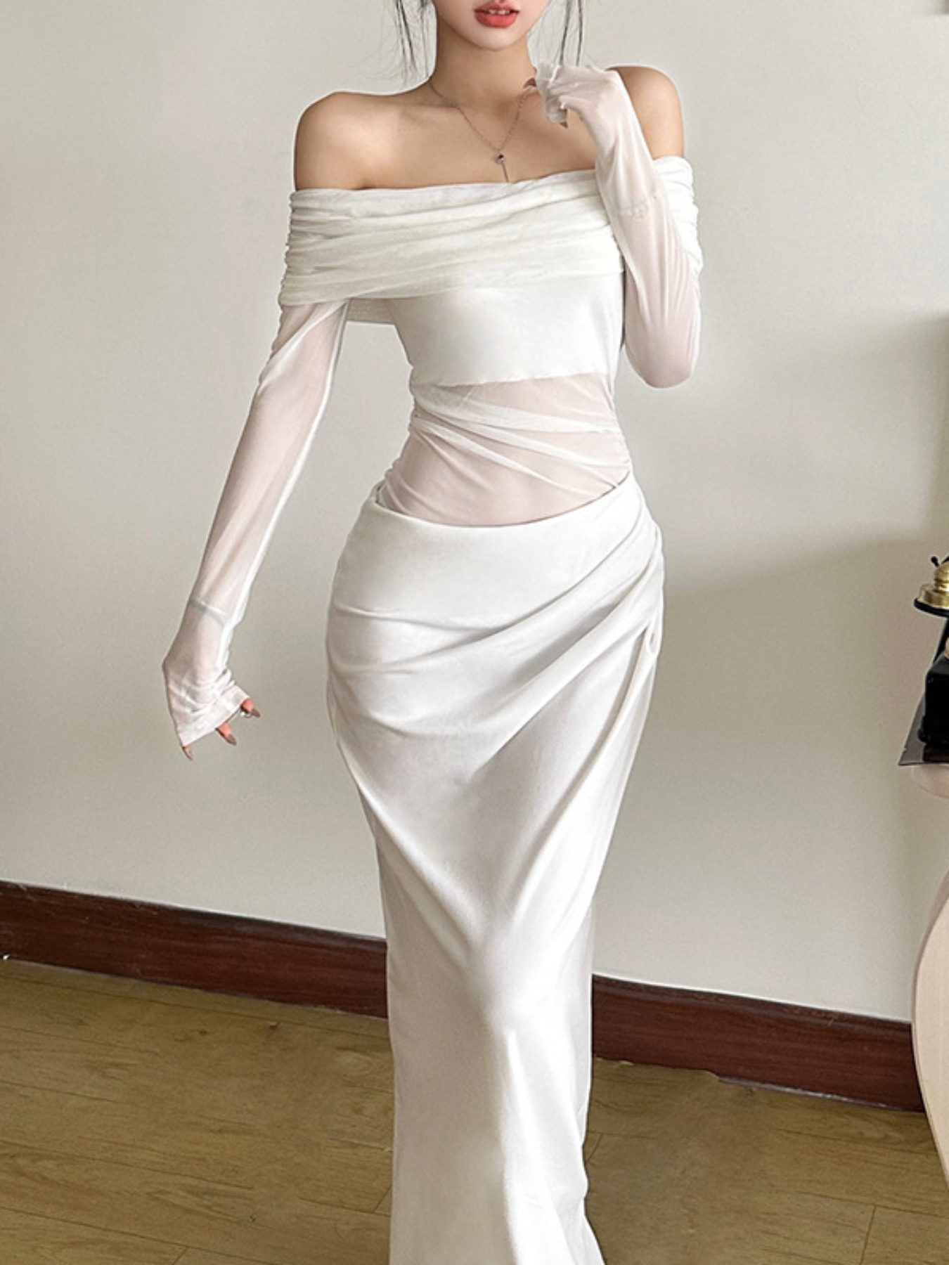 peach long formal dress Off White Ruched Off Shoulder Midi Dress