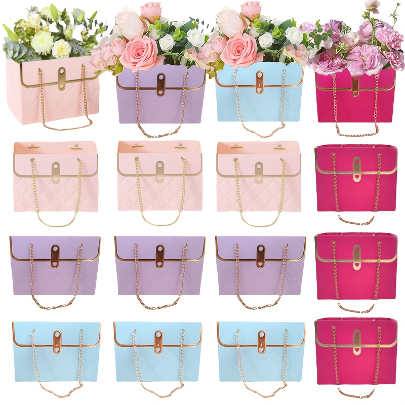 Image of 16pcs Paper Flower Gift Bags With Handles, Rectangular Metal Chain Handbags For Floral Shop Decorations Wedding Party Birthday, Pink/purple/blue/rose Red, 4pcs In Each Color