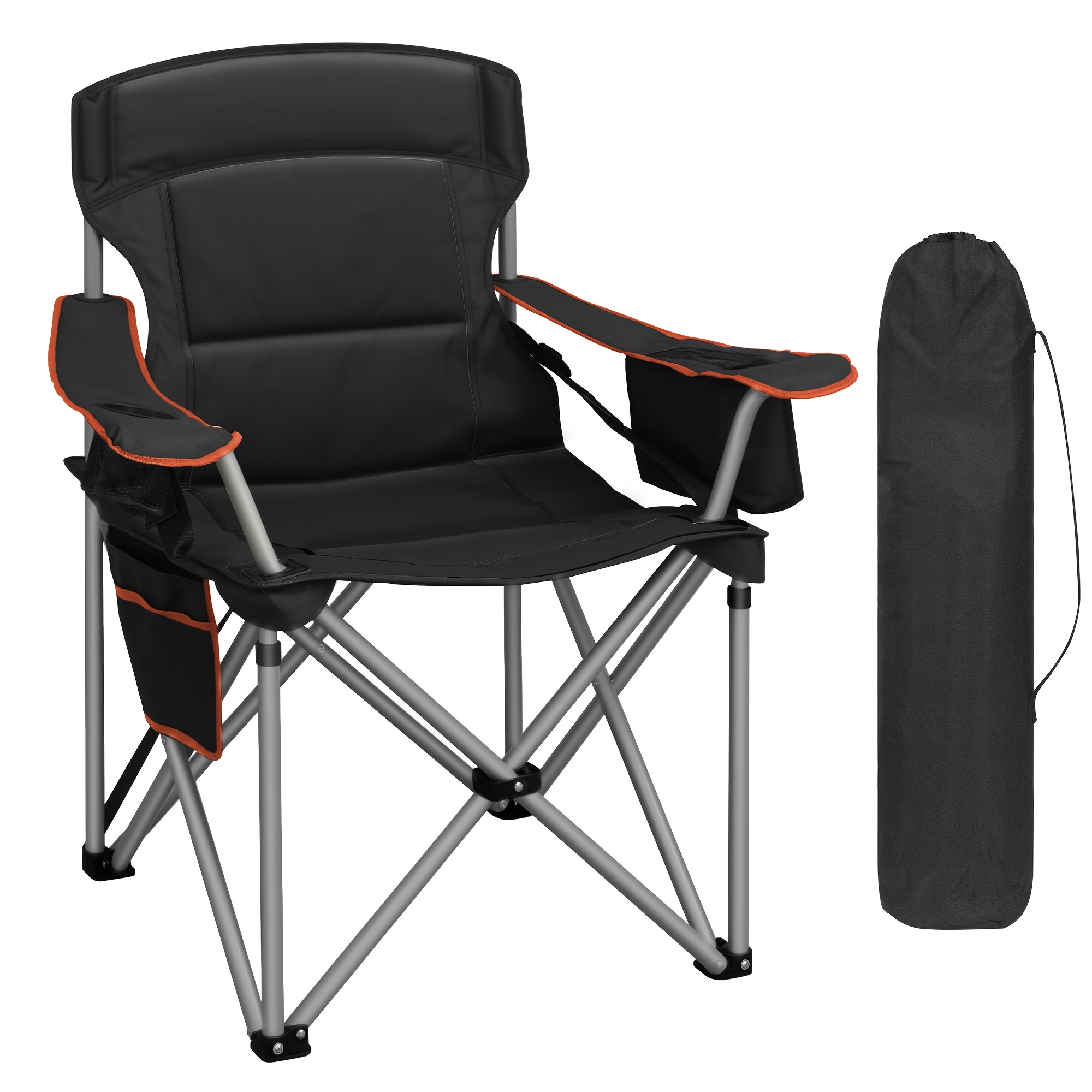 TEMU Camping Chair, 220kg Capacity, Foldable Camping Chair With Cooler Bag, Drink Holder, Carrying Bag, High Back, Comfortably Padded, Fishing Chair,