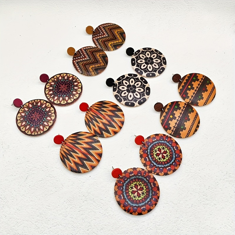 10 retro bohemian ethnic style colorful print wooden earrings fashion personal water drop geometry pendant womens earrings details 14