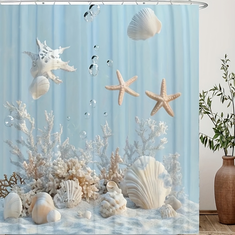 

1pc Ocean Theme Shower Curtain, Water-resistant Polyester, Machine Washable, Includes 12 Hooks, Unlined Woven Bathroom Decor For All