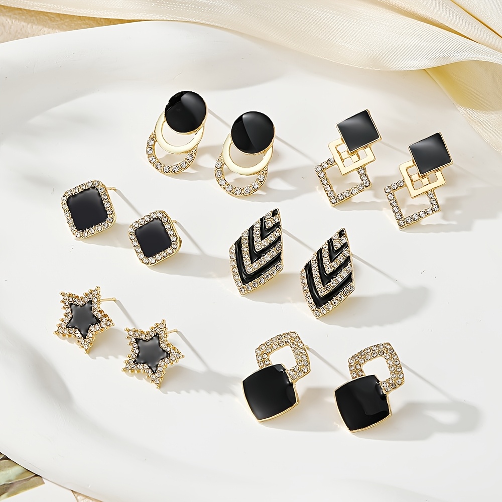 TEMU 6-pair/12pcs Women's Elegant And Luxurious Art Deco Pentagram -shaped Earring Set, Suitable For Parties Or Vacations, A Holiday Gift For