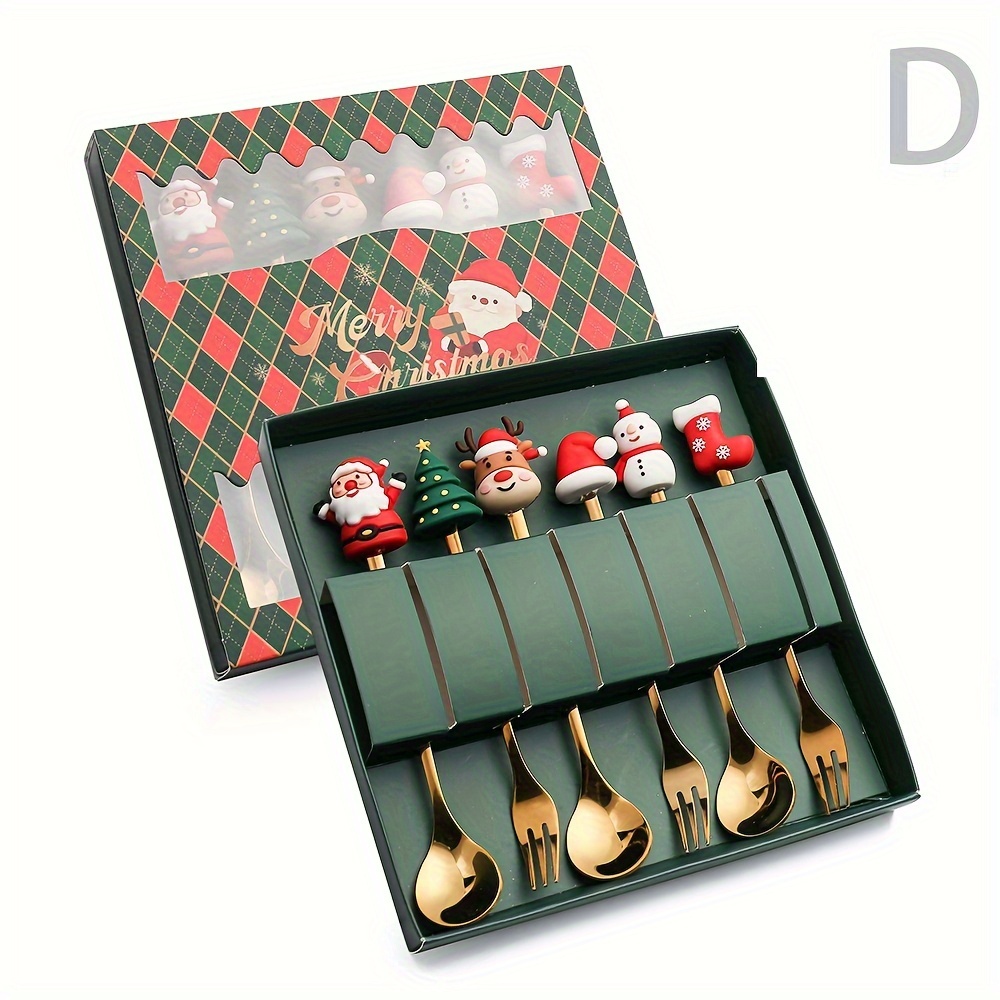 6pcs Festive Christmas Coffee Spoon And Fork Set - Stainless Steel With Box, Featuring Tree, Santa & Star Designs For Dinner, Dessert, Tea & Soup Stirring - Present