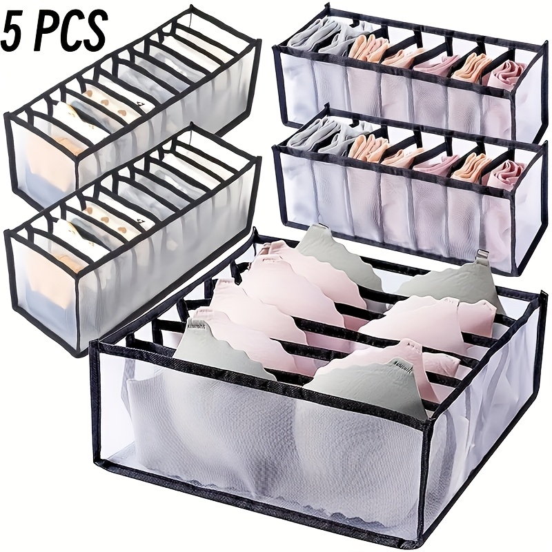 

5pcs Foldable Mesh Drawer Organizers For Underwear, Socks & Ties - Storage Bags With Black Frames, Breathable Polyester Fabric, Space-saving Closet Solution, Clothes Organizer Storage