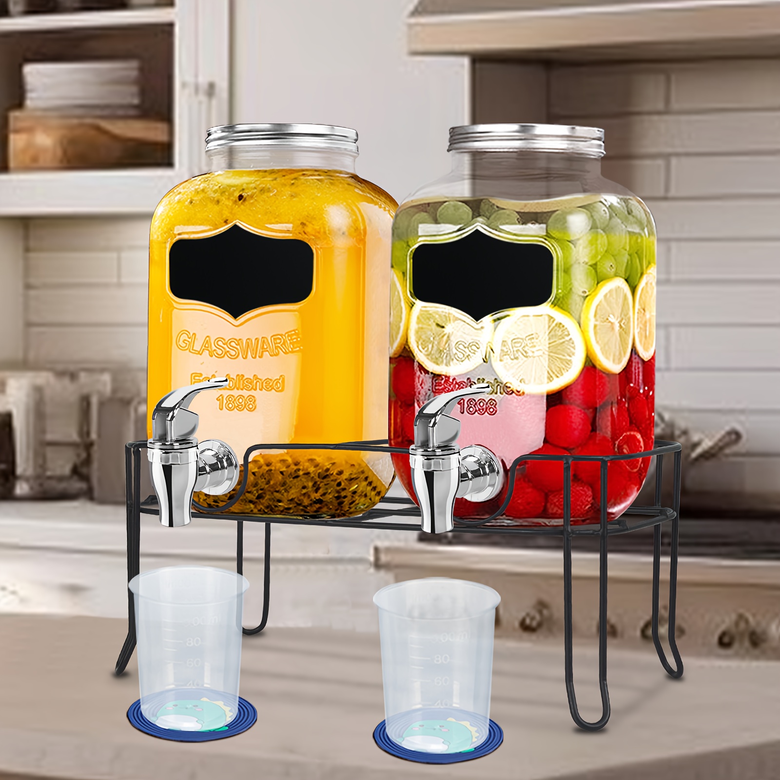 Glass Drink Dispenser Party Supplies 1 Gallon With Bamboo Lid, 2 Pack , Drink Machine For Lemonade, Iced Drinks, Kombucha Dispenser For Parties, Weddings Beverage Dispenser With Stand