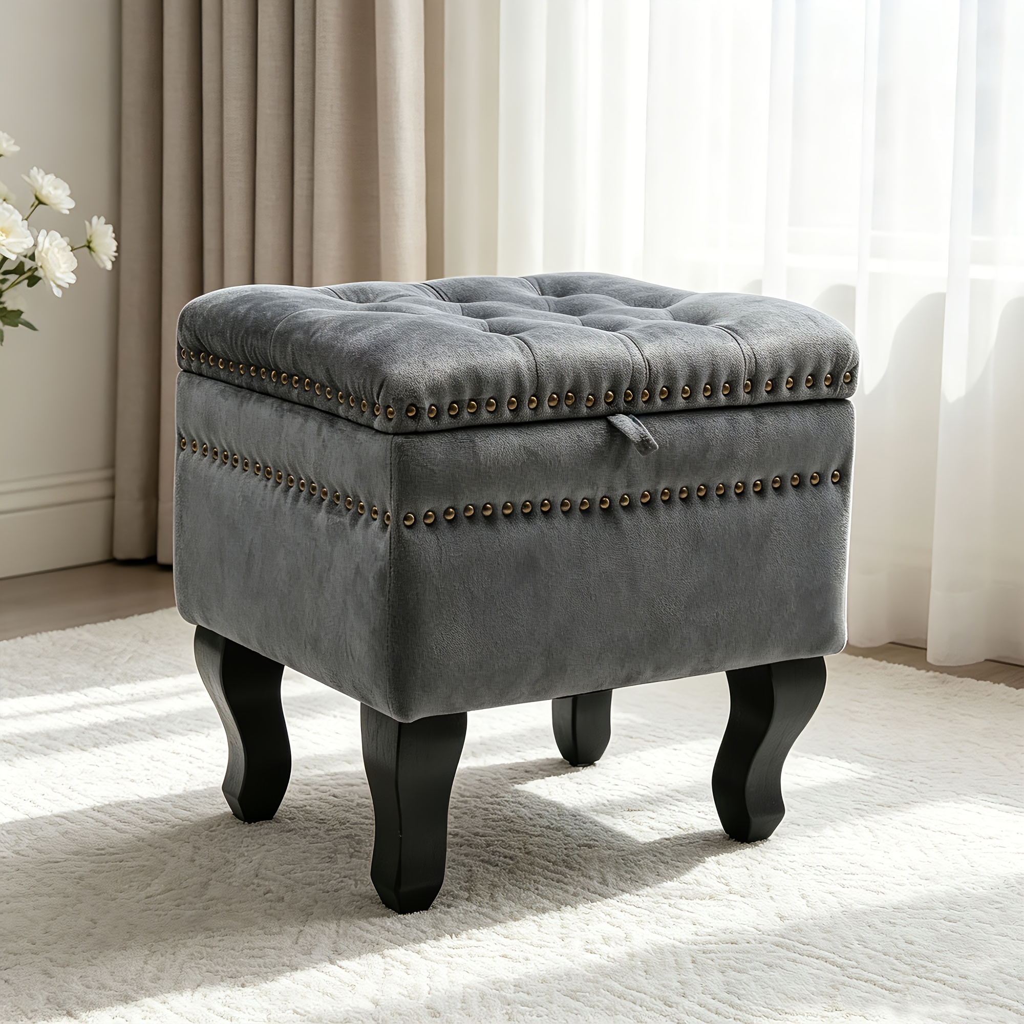Image of Storage Stool, Velvet Upholstered Ottoman With Wooden Legs (supports Up To 150 Kg), 44 X 37 Cm Small Cube Footstool For Living Room, Bedroom, And Hallway